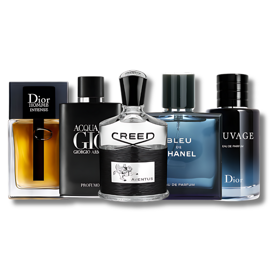Set met 5 parfums: Creed Aventus, Bleu de Chanel, Dior Sauvage, Dior Homme Intense en Giorgio Armani Profumo (je 100 ml)