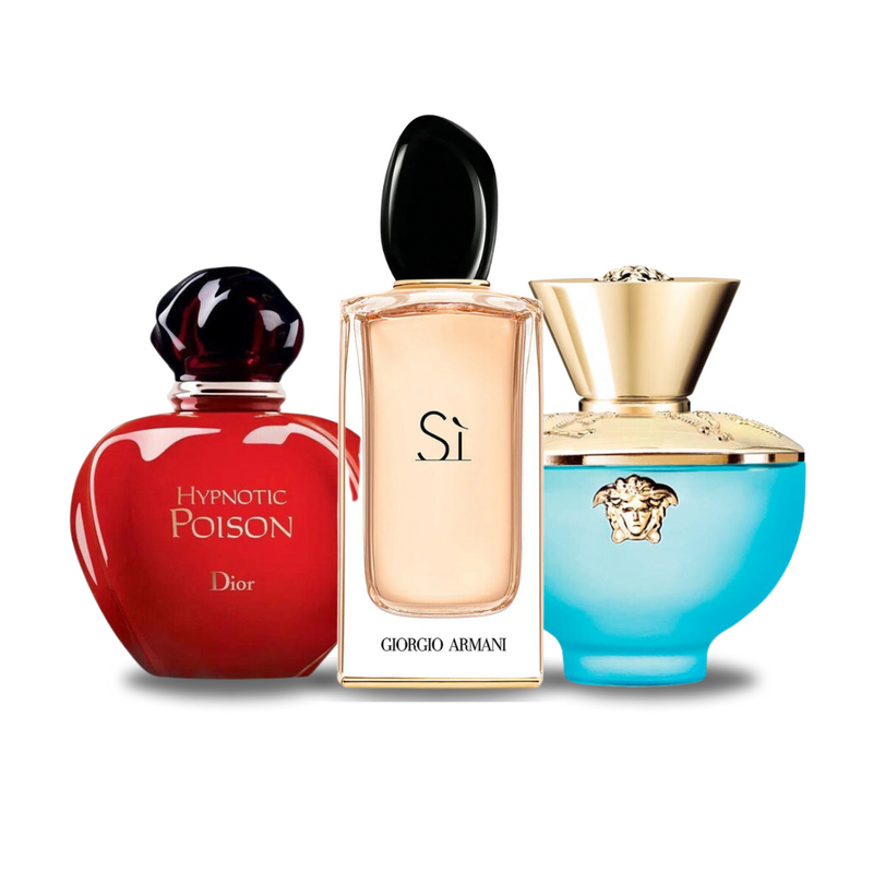 Set met 3 parfums: Hypnotic Poison van Dior, Sì van Giorgio Armani en Dylan Turquoise van Versace (je 100 ml).