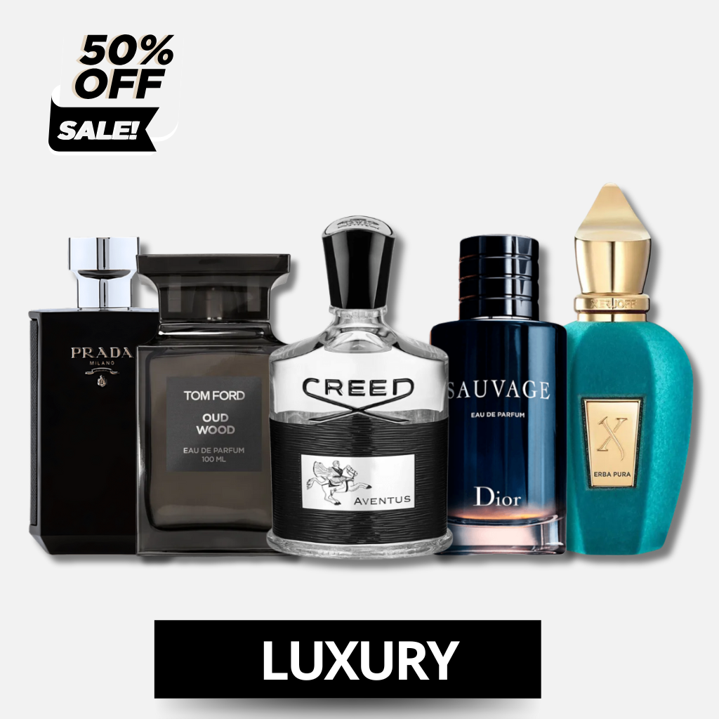 Set met 5 luxeparfums: Creed Aventus + Sauvage + Prada + Tom Ford + Xerjoff, elk 100 ml