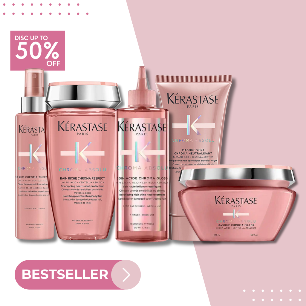 5-set Kérastase Chroma Absolu: Soin Acide Chroma Gloss + Bain Riche Chroma Respect + Masque Chroma Filler + Chroma Absolu Thermique + Masque Vert Chroma Neutralisant