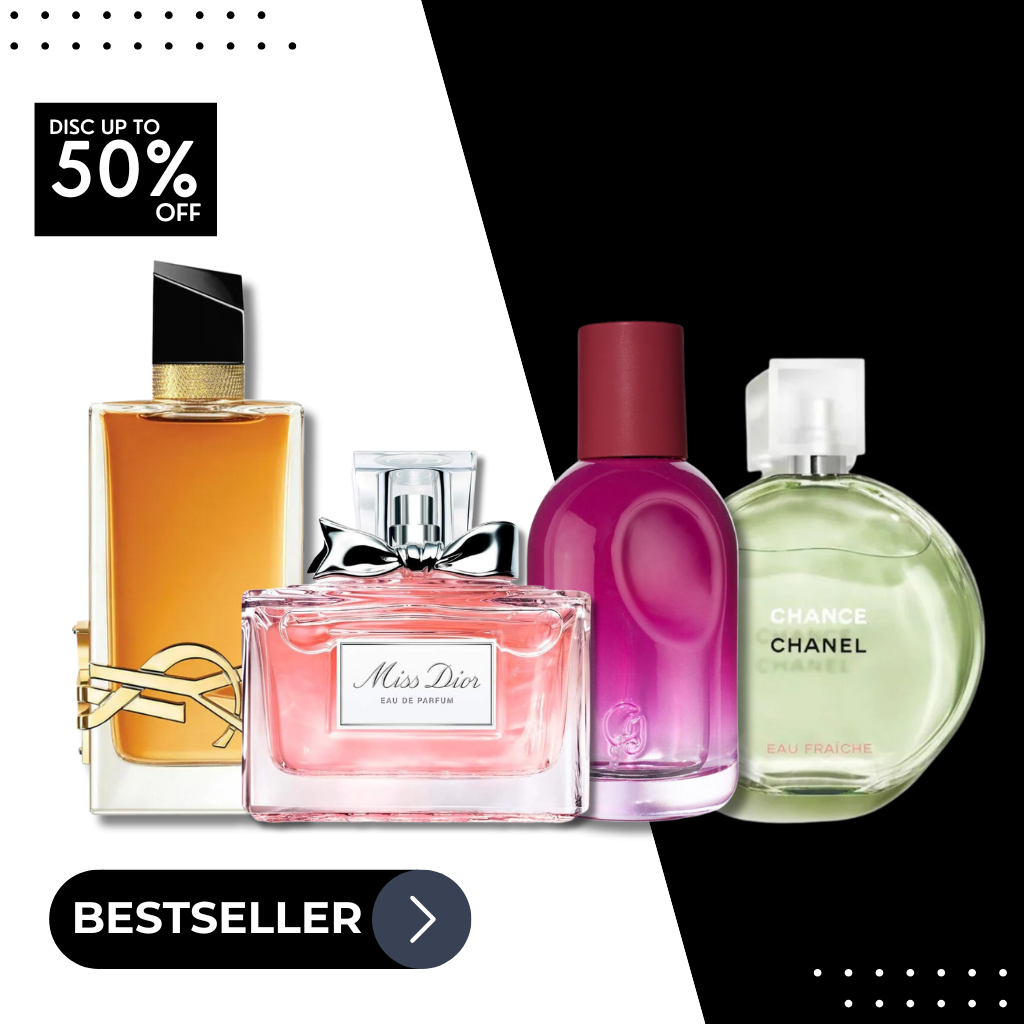 Set met 4 parfums: YSL Libre Intense, Dior Miss Dior Parfum, Chanel Chance, Glossier You