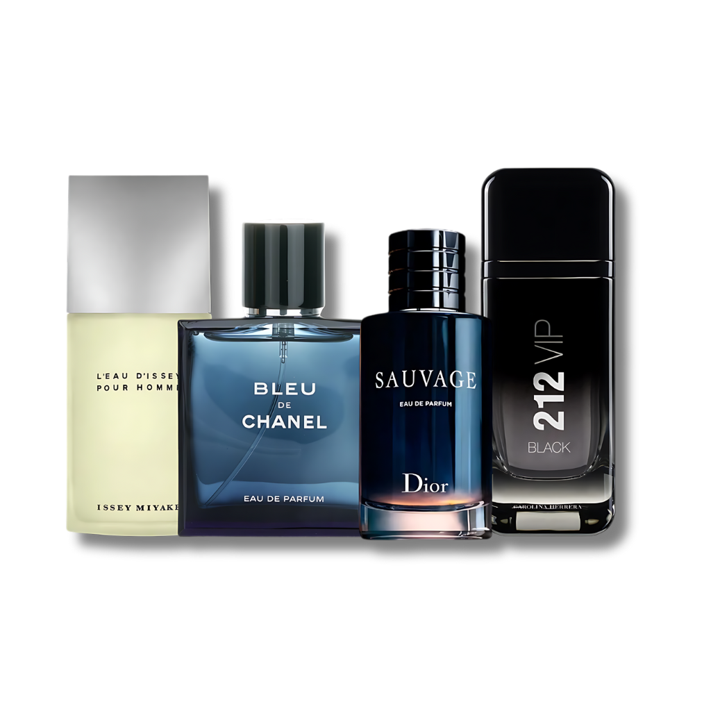 Set met 4 parfums L'Eau d'Issey, Bleu de Chanel, 212 VIP Black en Sauvage 100 ml