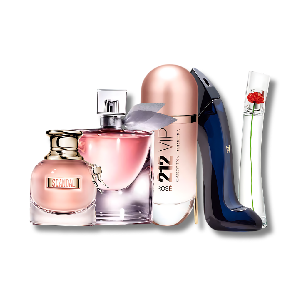 Set met 5 parfums: Scandal, La Vie Est Belle, 212 VIP Rosé, Good Girl en Flower von Kenzo – 100 ml