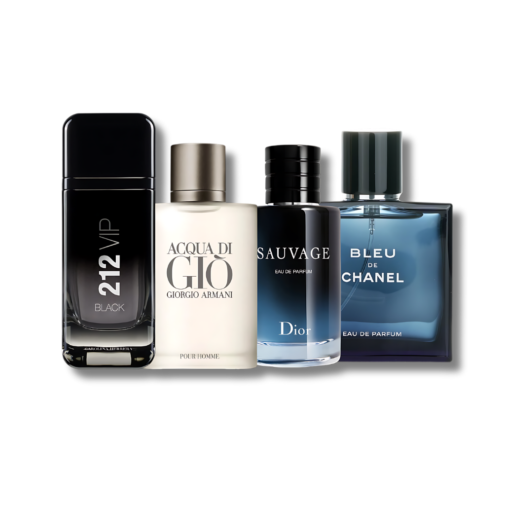 Set met 4 parfums Sauvage, Creed Aventus, Acqua di Giò en Bleu de Chanel 100 ml