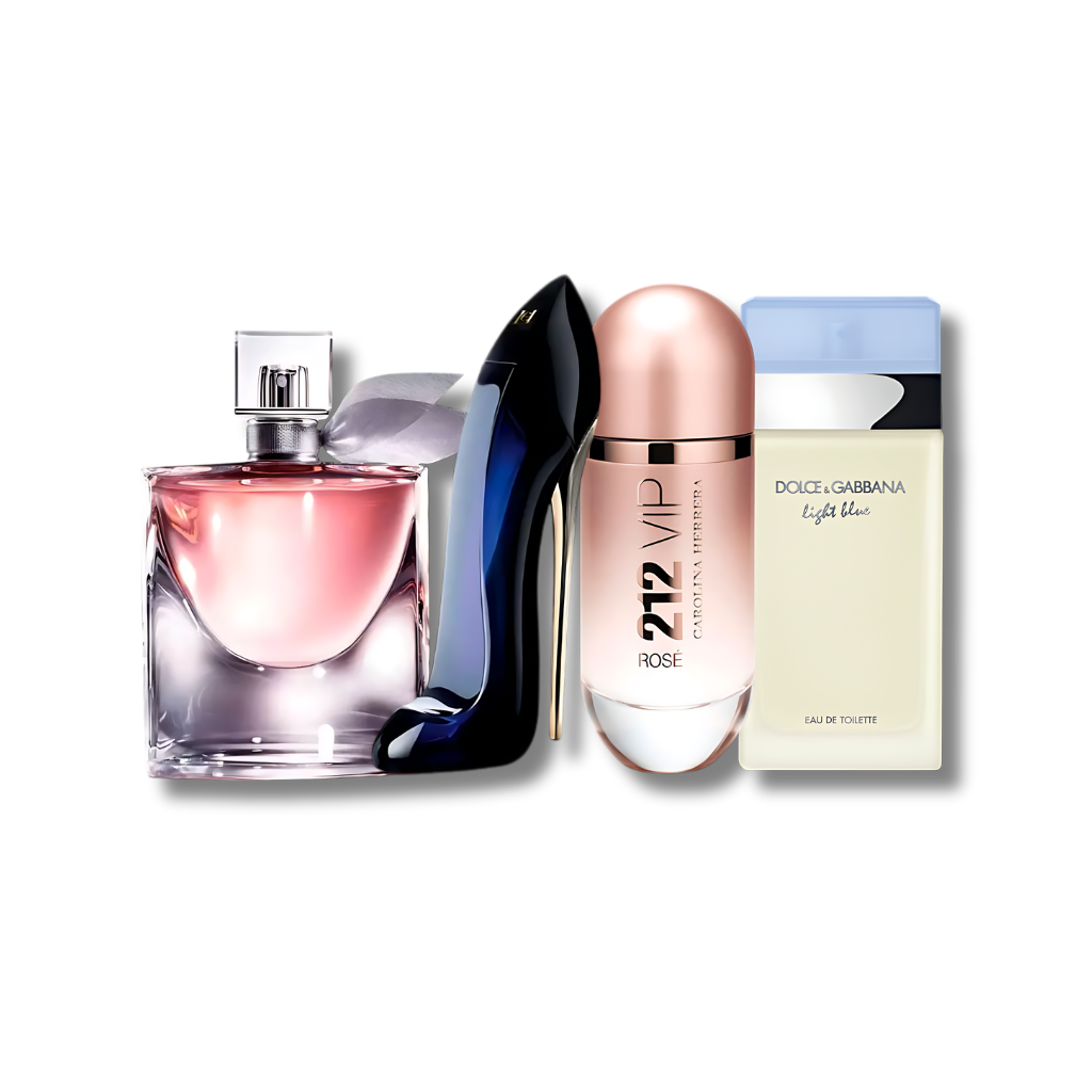 Set met 4 parfums: 212 VIP Rosé, La Vie est Belle, Good Girl en Celeste (je 100 ml)